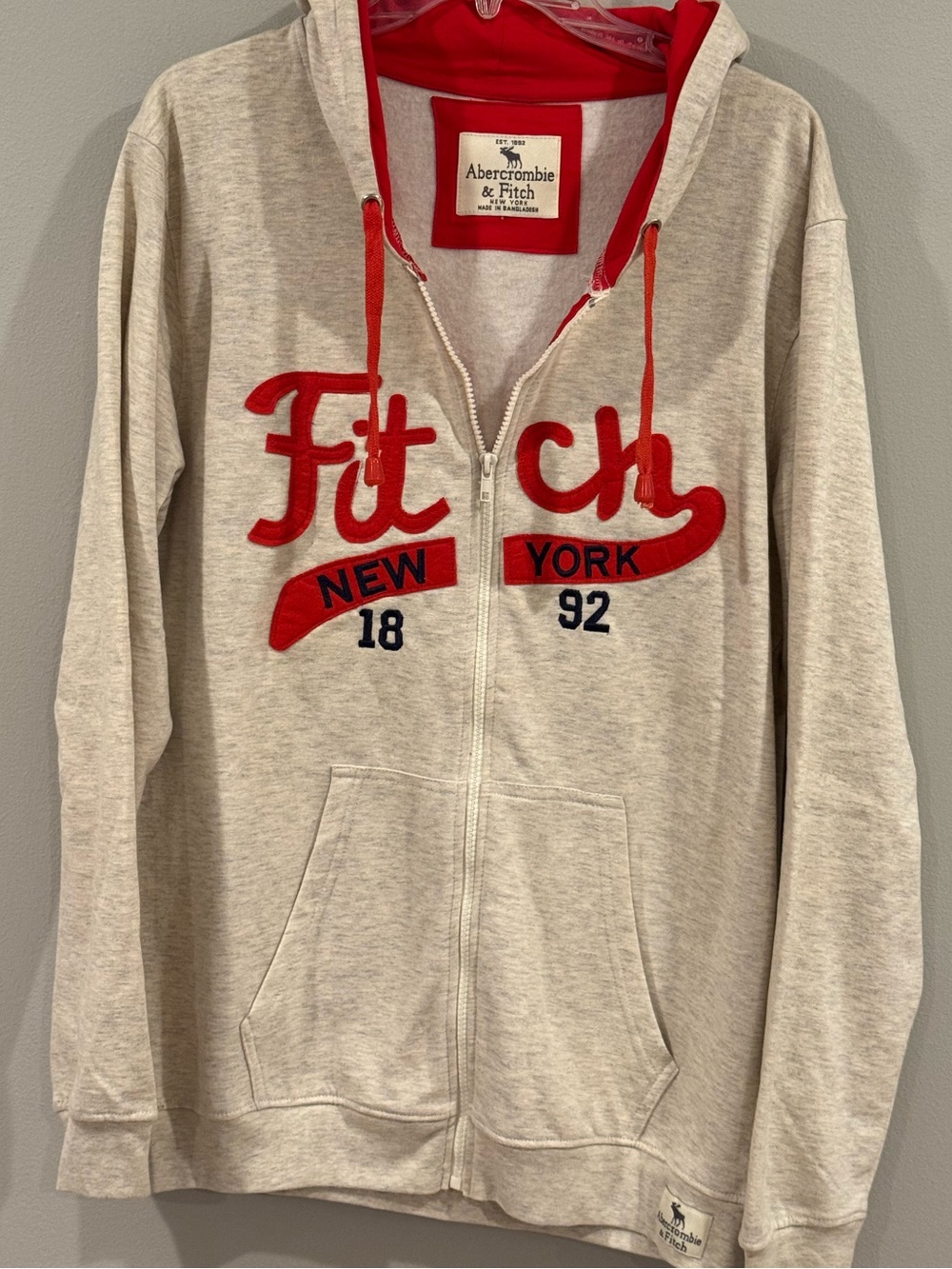 Abercrombie & Fitch New York Full Zip Hoodie Sweatshirt Mens L Ivory Red